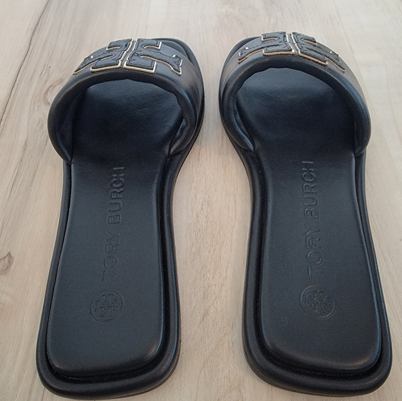 Tory Burch Black & Golden Double T Sport Slides - Picture 5 of 6